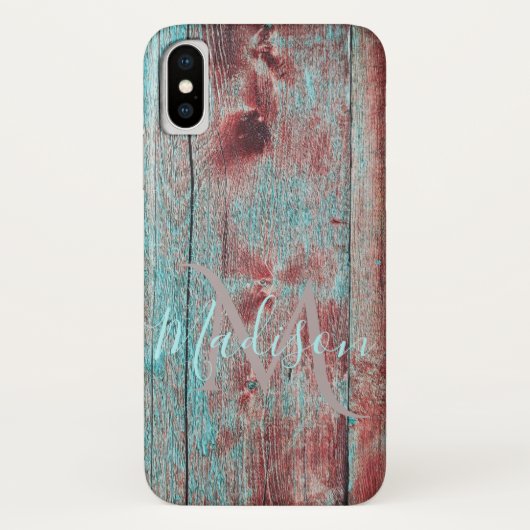 Red Blue Rustic Wood Initial Name Case-Mate iPhone Hülle (Rückseite)
