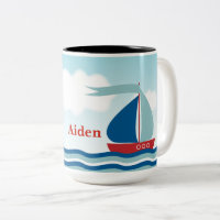 Red & Blue Sailboat auf Water Waves, Personalisier