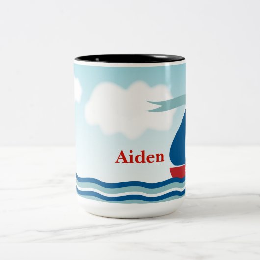 Red & Blue Sailboat auf Water Waves, Personalisier Zweifarbige Tasse (Mittel)
