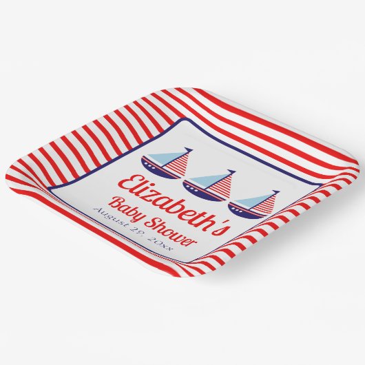 Red Blue Sailboat Babydusche Pappteller (Gewinkelt)