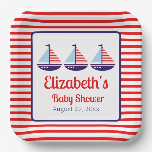 Red Blue Sailboat Babydusche Pappteller (Vorderseite)