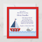 Red Blue Sailboat Whale Baby Boy Dusche Einladung (Rückseite)
