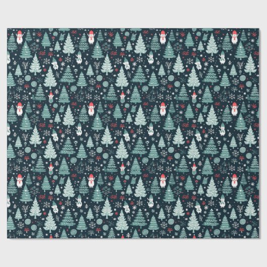 Red Blue Snowmen Xmas Bäume dunkles Muster Geschen Geschenkpapier (Flach)