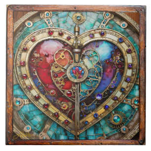 Red & Blue Stached Glass Heart Steampunk Serie Fliese