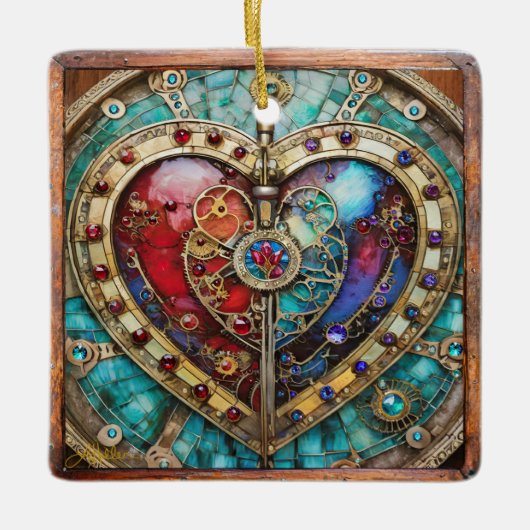 Red & Blue Stached Glass Heart Steampunk Serie Keramikornament (Vorderseite)