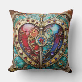 Red & Blue Stached Glass Heart Steampunk Serie Kissen