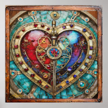 Red & Blue Stached Glass Heart Steampunk Serie