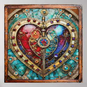 Red & Blue Stached Glass Heart Steampunk Serie Poster