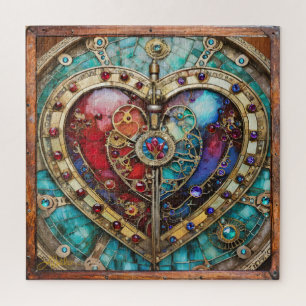 Red & Blue Stached Glass Heart Steampunk Serie Puzzle