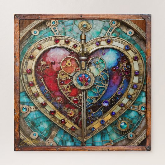 Red & Blue Stached Glass Heart Steampunk Serie Puzzle (Vertikal)