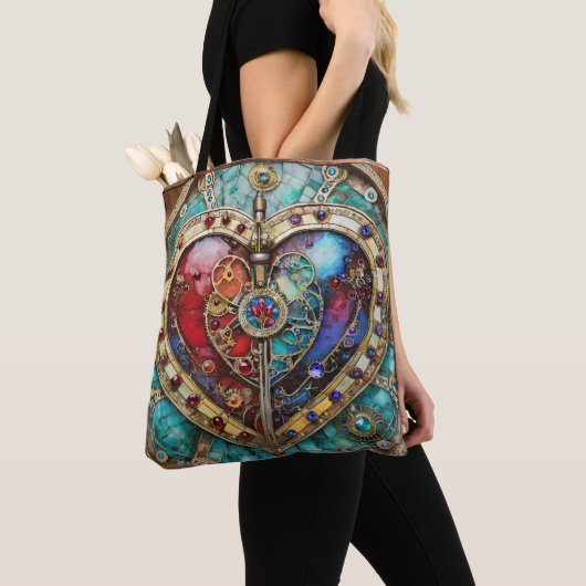Red & Blue Stached Glass Heart Steampunk Serie Tasche (Von Nahem)