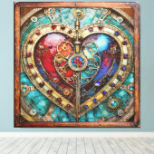 Red & Blue Stained Glass Heart Steampunk Series Leinwanddruck (Insitu (Holzboden))