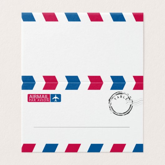Red Blue Stripes Airmail Hochzeiten Platzkarten (Außenseite Aufgefaltet)