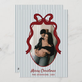 Red Blue Stripes & Bow Frame Christmas Photo Feiertagskarte