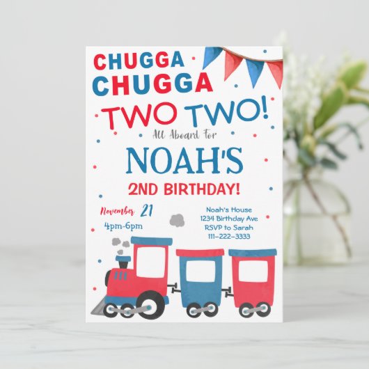 Red Blue Train 2. Geburtstag Einladung (Stehend Vorderseite)
