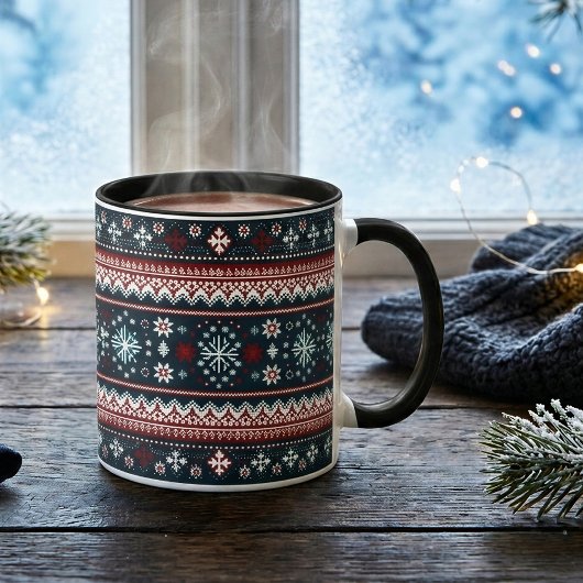 Red Blue Ugly Sweater Snowflakes Holiday Tasse