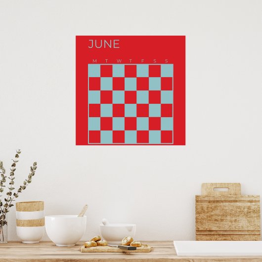 Red Blue Undated Checked June Monthly Calendar Poster (Küche)