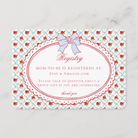 Red & Blue Vintage Fancy Floral Baby Registry Begleitkarte (Vorderseite)