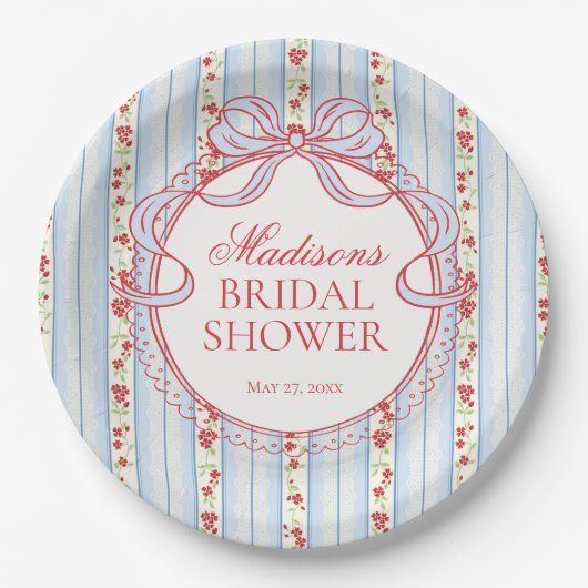 Red & Blue Vintage Fancy Floral Bridal Shower Pappteller (Vorderseite)