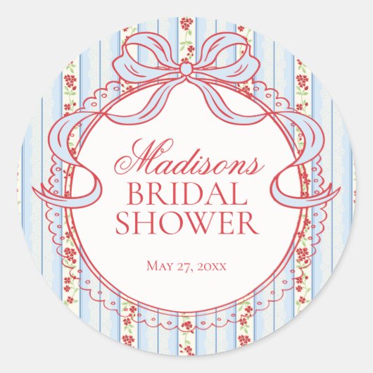 Red & Blue Vintage Fancy Floral Bridal Shower Seal Runder Aufkleber (Vorderseite)