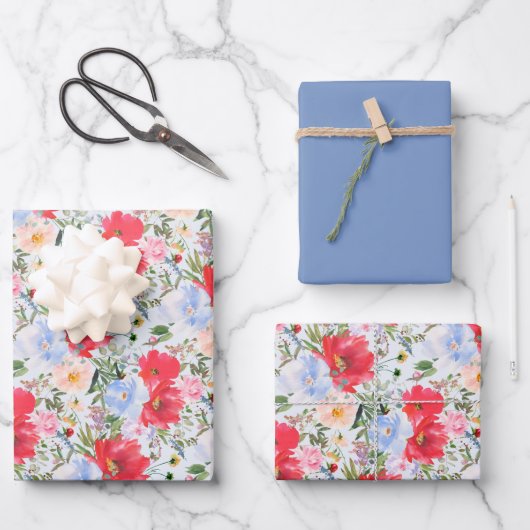 Red Blue Watercolor Florals Geschenkpapier Set (Vorderseite)