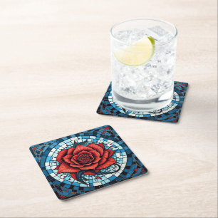 Red Blue White Mosaik Rose Blume Rechteckiger Pappuntersetzer