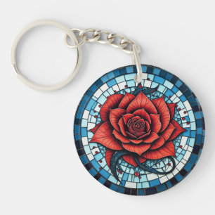 Red Blue White Mosaik Rose Blume Schlüsselanhänger