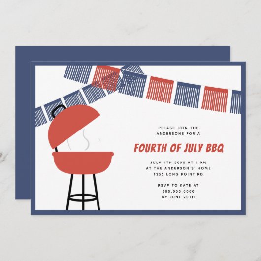 Red Blue & White Party Fringe 4. Juli Barbecue Einladung (Vorne/Hinten)