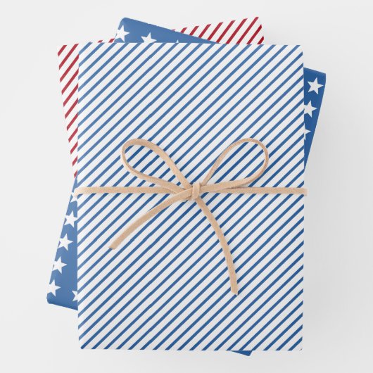 Red Blue White Stripes and Stars Patriotic Geschenkpapier Set (Beispiel)