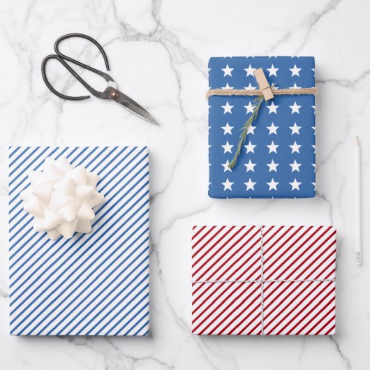 Red Blue White Stripes and Stars Patriotic Geschenkpapier Set (Vorderseite)