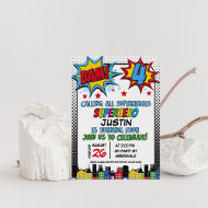Red Blue Yellow Bam Superheld 4. Geburtstag Einladung