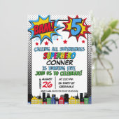 Red Blue Yellow Bam Superheld 5. Geburtstag Einladung (Stehend Vorderseite)