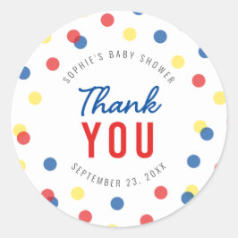 Red Blue Yellow Confetti Baby Dusche Danke Runder Aufkleber