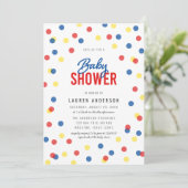 Red Blue Yellow Confetti Baby Dusche Einladung (Stehend Vorderseite)