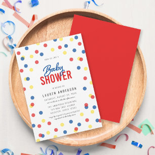 Red Blue Yellow Confetti Baby Dusche Einladung