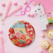 Red Blue Yellow Japanisch Kimono Blume Pappteller (Party)