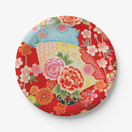Red Blue Yellow Japanisch Kimono Blume Pappteller