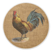 Red Blue Yellow Rooster auf Imitate Jute Burlap Keramikknauf (Vorderseite)