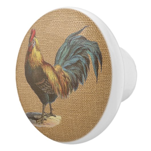 Red Blue Yellow Rooster auf Imitate Jute Burlap Keramikknauf (Rechts)