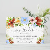 Red Blue Yellow Summer Blume Hochzeit Save The Date (Stehend Vorderseite)