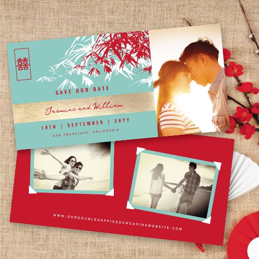 Red Blue Zen Bamboo Verlasse Foto Chinesisch Hochz Save The Date