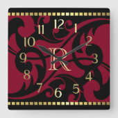 Red Blüh Design Gold Border mit Monogramm Quadratische Wanduhr (Vorderseite)