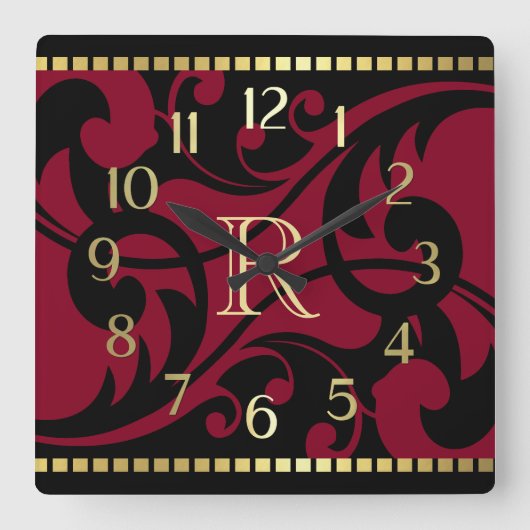 Red Blüh Design Gold Border mit Monogramm Quadratische Wanduhr (Vorderseite)
