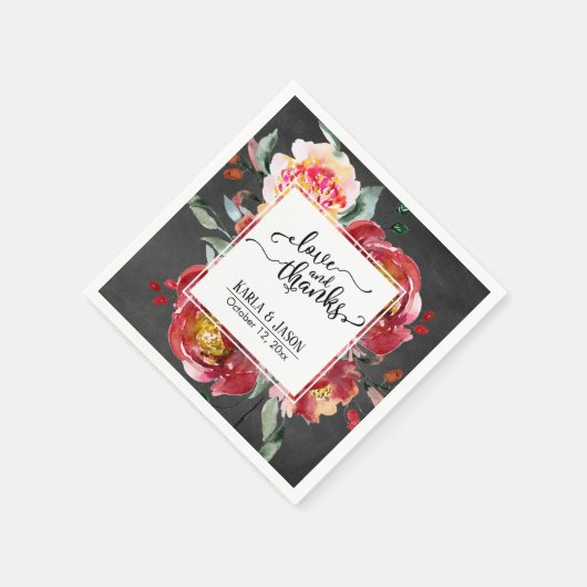 Red Blume Bouquet, Chalkboard, Liebe und Dank Serviette (Ecke)