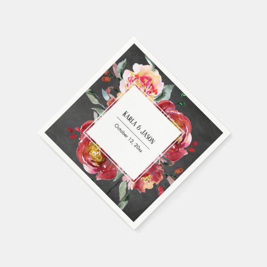 Red Blume Bouquet, Chalkboard, Namen und Datum Serviette (Ecke)