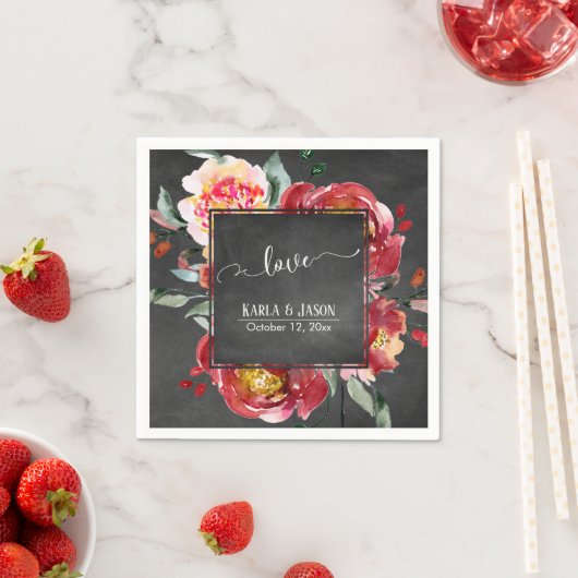 Red Blume Bouquet Liebe Typografie auf Chalkboard Serviette (Beispiel)