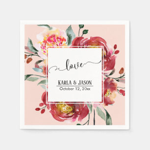 Red Blume Bouquet Liebe Typografie über Blush Serviette