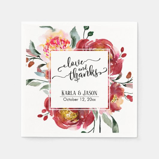 Red Blume Bouquet, Liebe und Dank Typografie Serviette (Vorderseite)