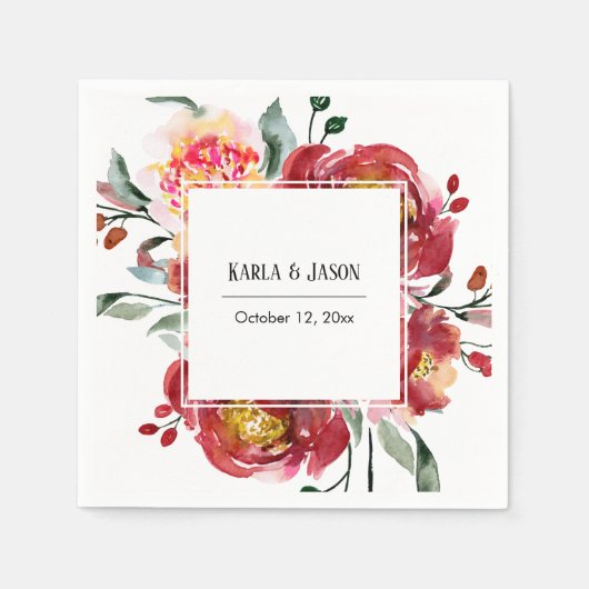 Red Blume Bouquet mit Namen und Datum Serviette (Vorderseite)