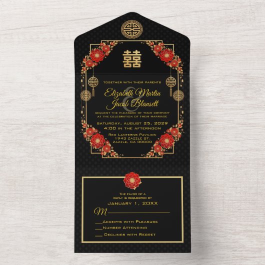 Red Blume Gold Trim Chinese Hochzeit All In One Einladung (Innen Boden)